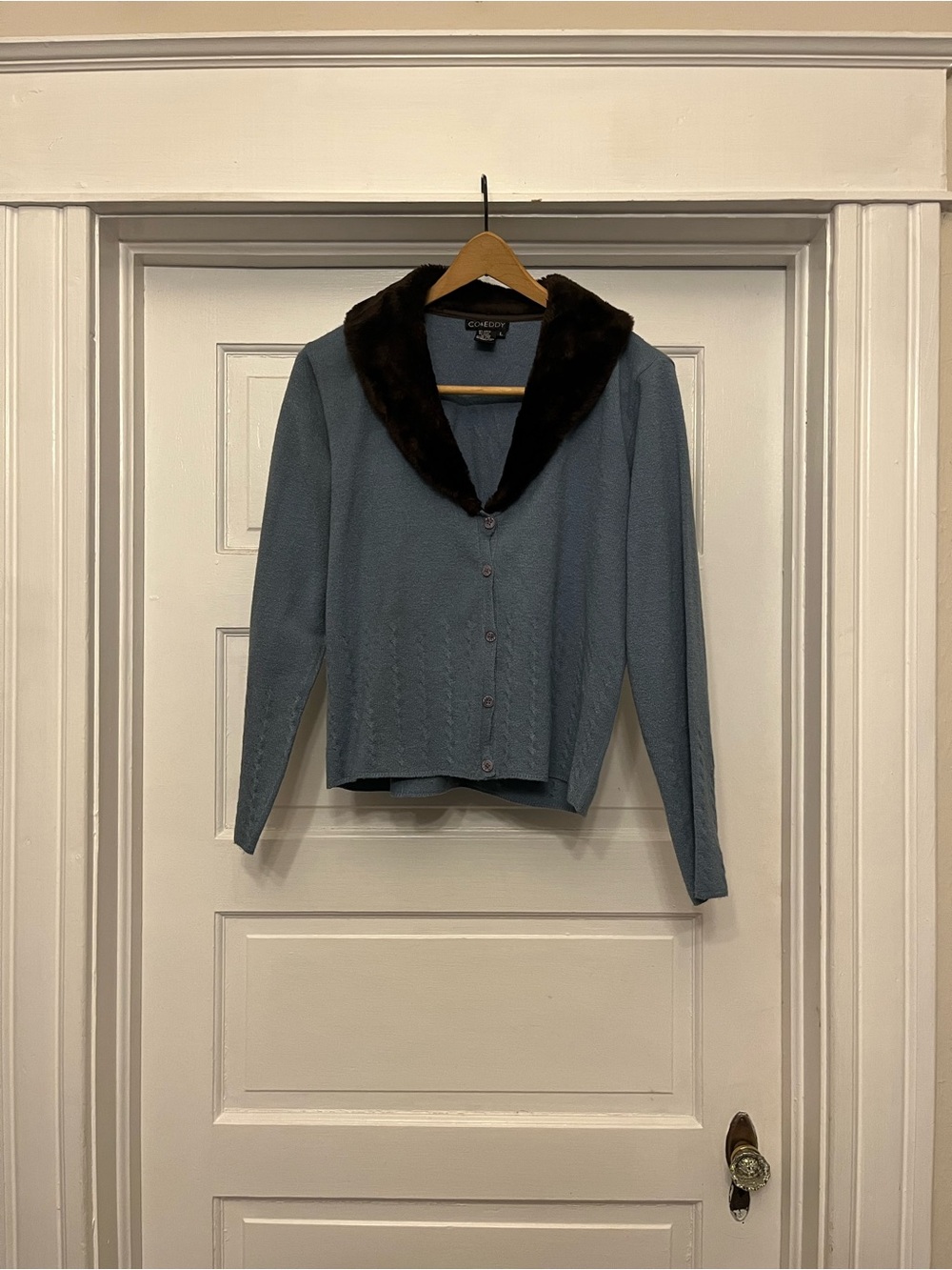 Co & Eddy Blue Cardigan with Brown Faux-Fur Collar